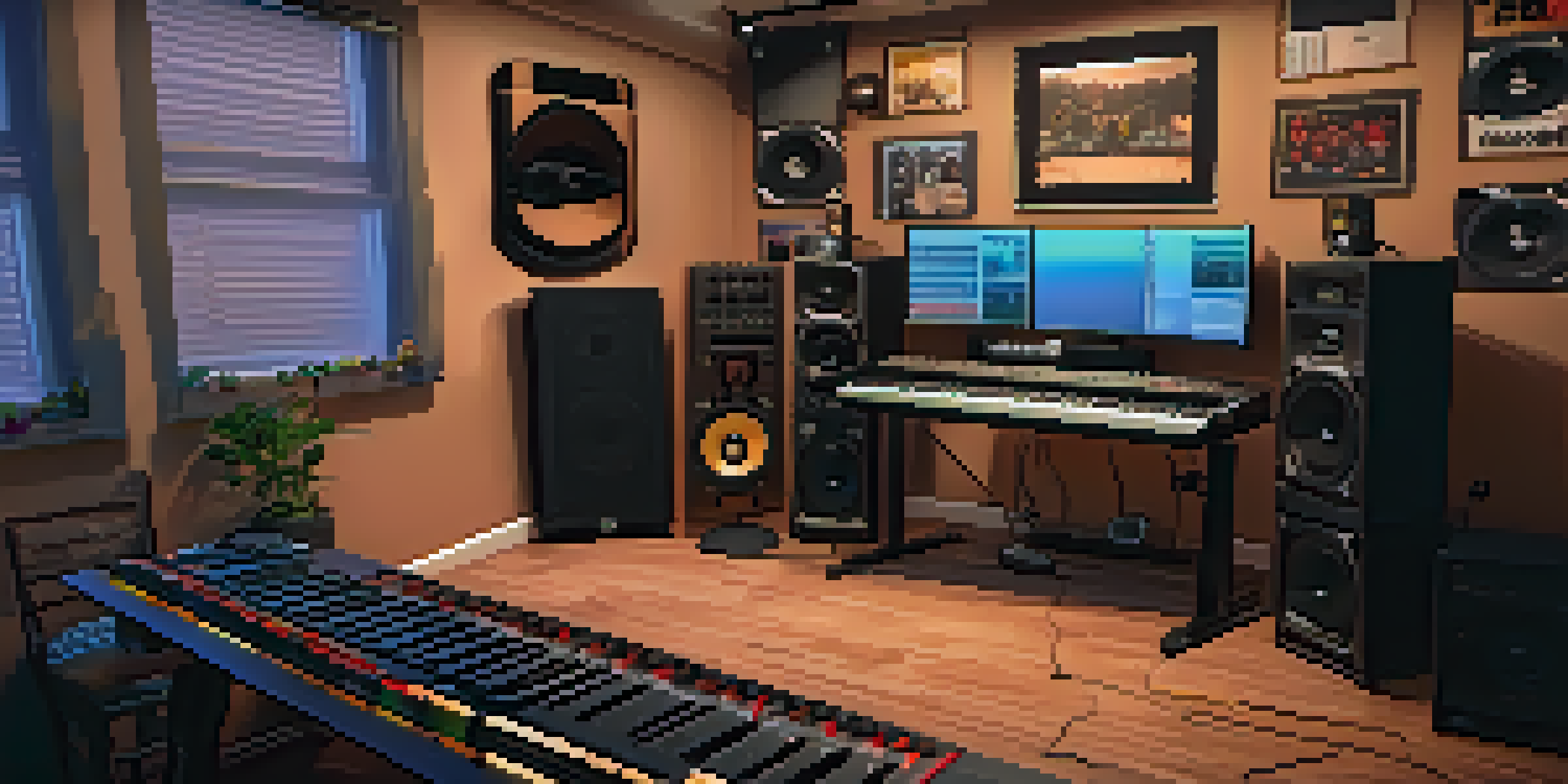 A home recording studio featuring a computer with music software, a microphone, and musical instruments, all under warm lighting.