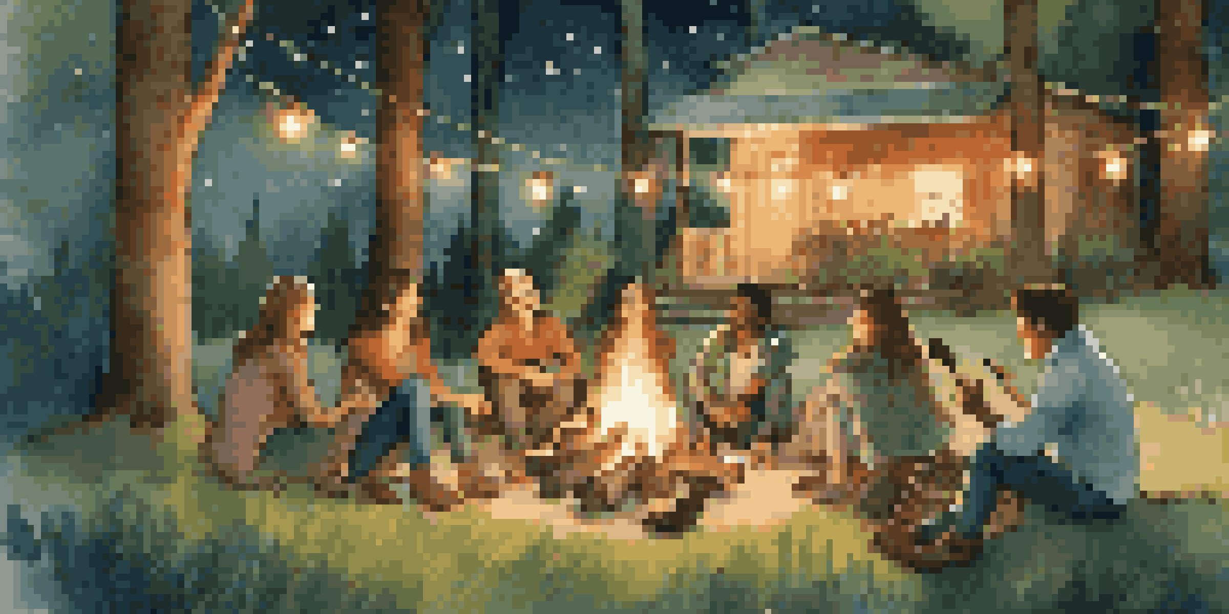 A group of friends enjoying a musical evening by a campfire, surrounded by trees and twinkling lights.