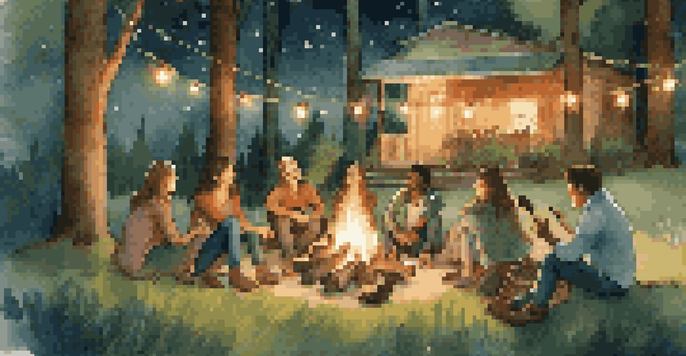 A group of friends enjoying a musical evening by a campfire, surrounded by trees and twinkling lights.