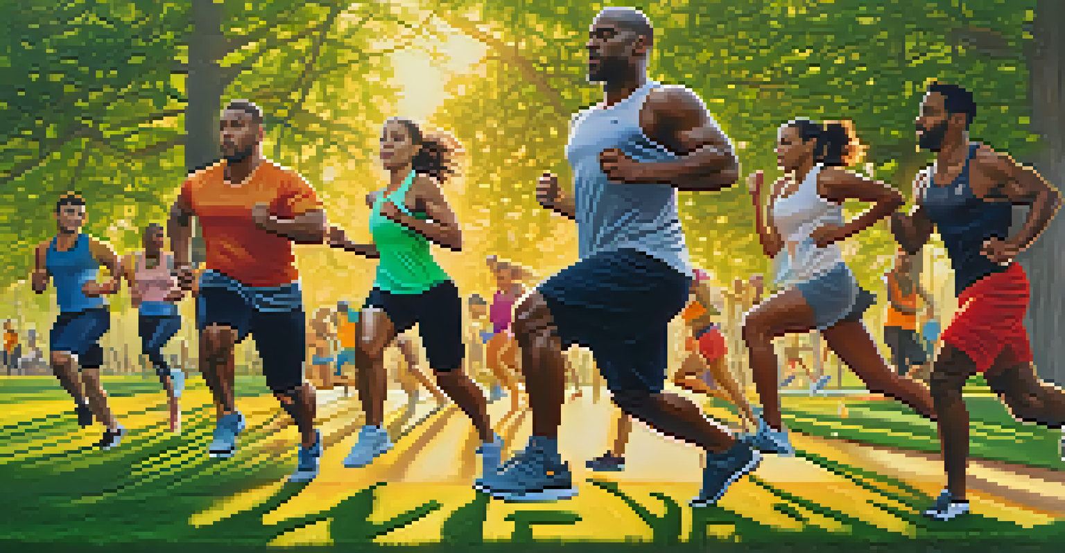 Diverse athletes participating in a group workout in a park during sunset, wearing headphones and vibrant workout clothes.