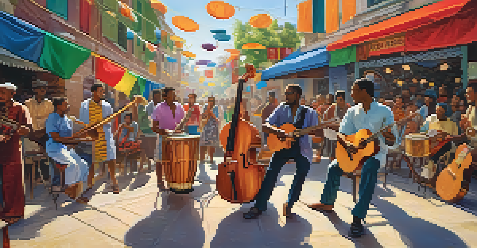 A lively street scene with musicians from different cultures playing together, with dancers and colorful decorations.