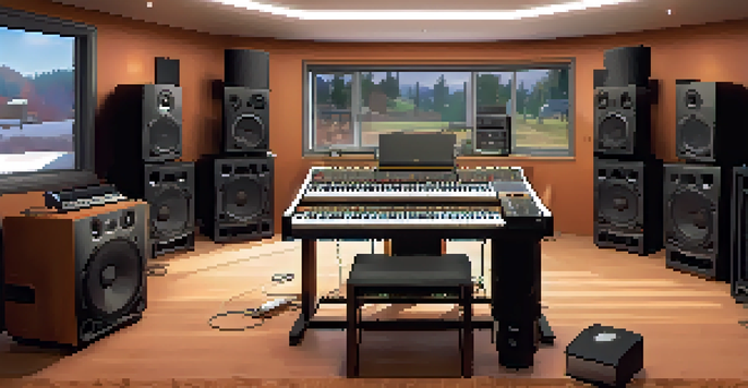 A recording studio filled with musical instruments and a digital audio workstation, illuminated by warm sunlight.