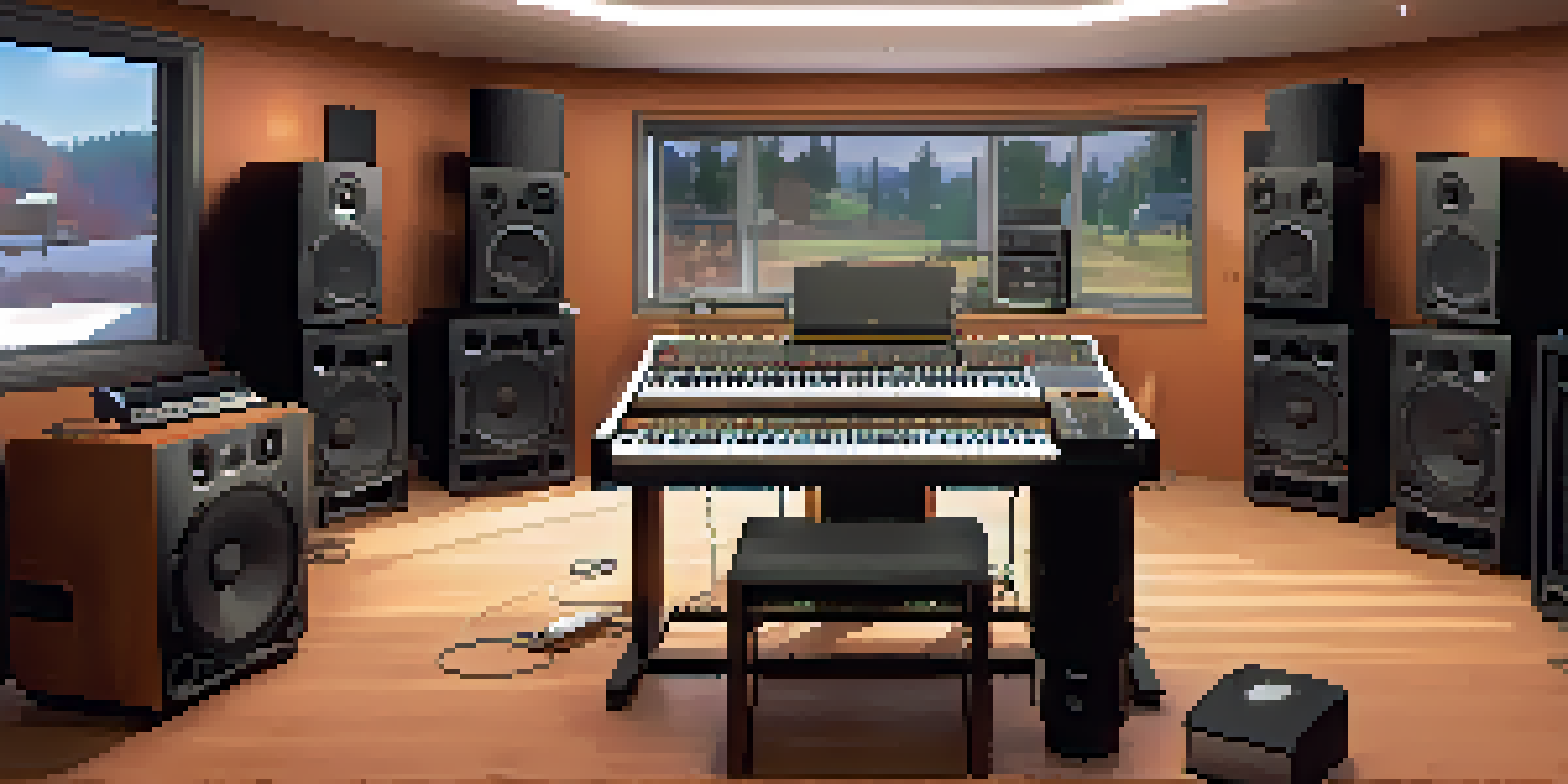 A recording studio filled with musical instruments and a digital audio workstation, illuminated by warm sunlight.