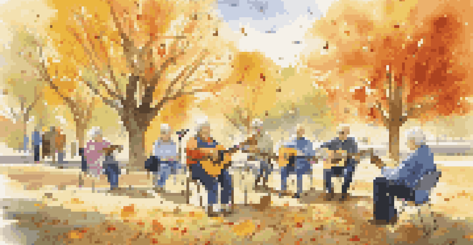 Elderly individuals participating in a music therapy session in a colorful autumn park, with a therapist playing guitar.