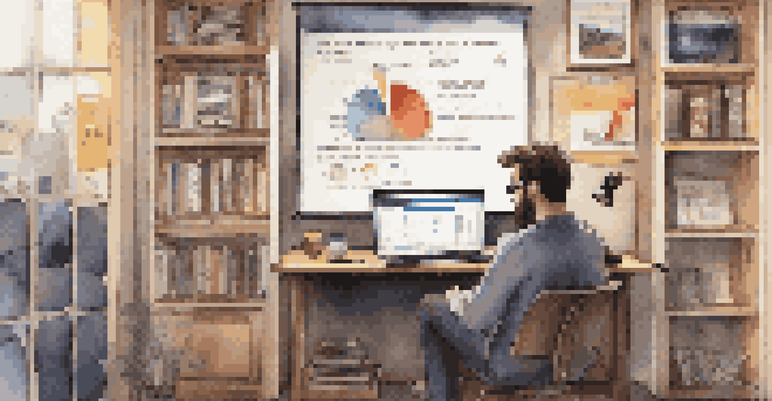 An artist analyzing social media analytics on a laptop in a cozy room filled with music posters and a guitar.