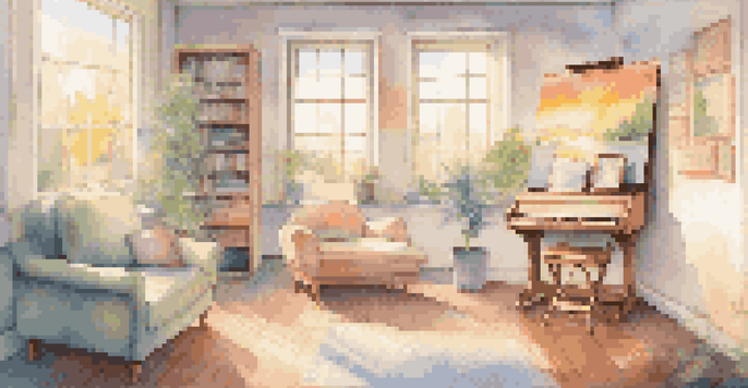 A cozy art therapy room with cushions, an easel with a colorful painting, and sunlight streaming through a window, accompanied by floating music notes.