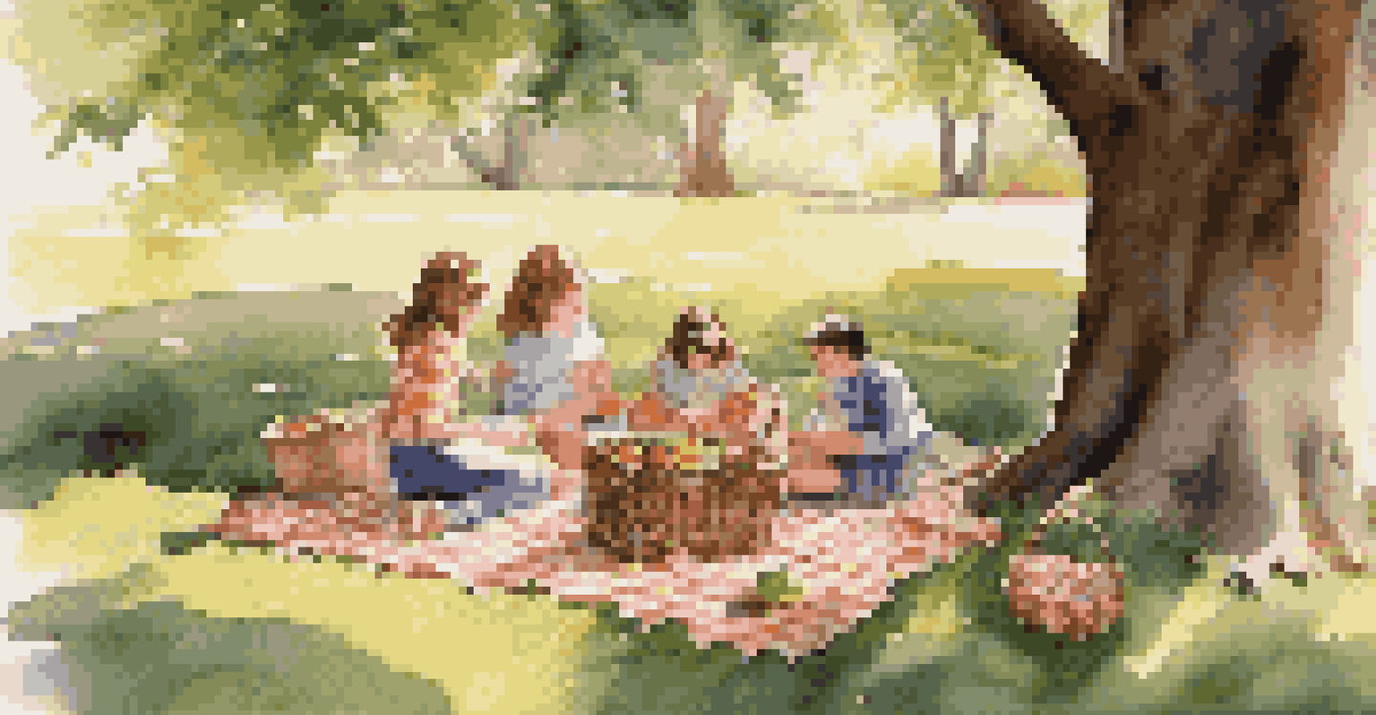An outdoor picnic under a tree with a checkered blanket, a wicker basket, and children playing in the background, capturing a nostalgic summer vibe.