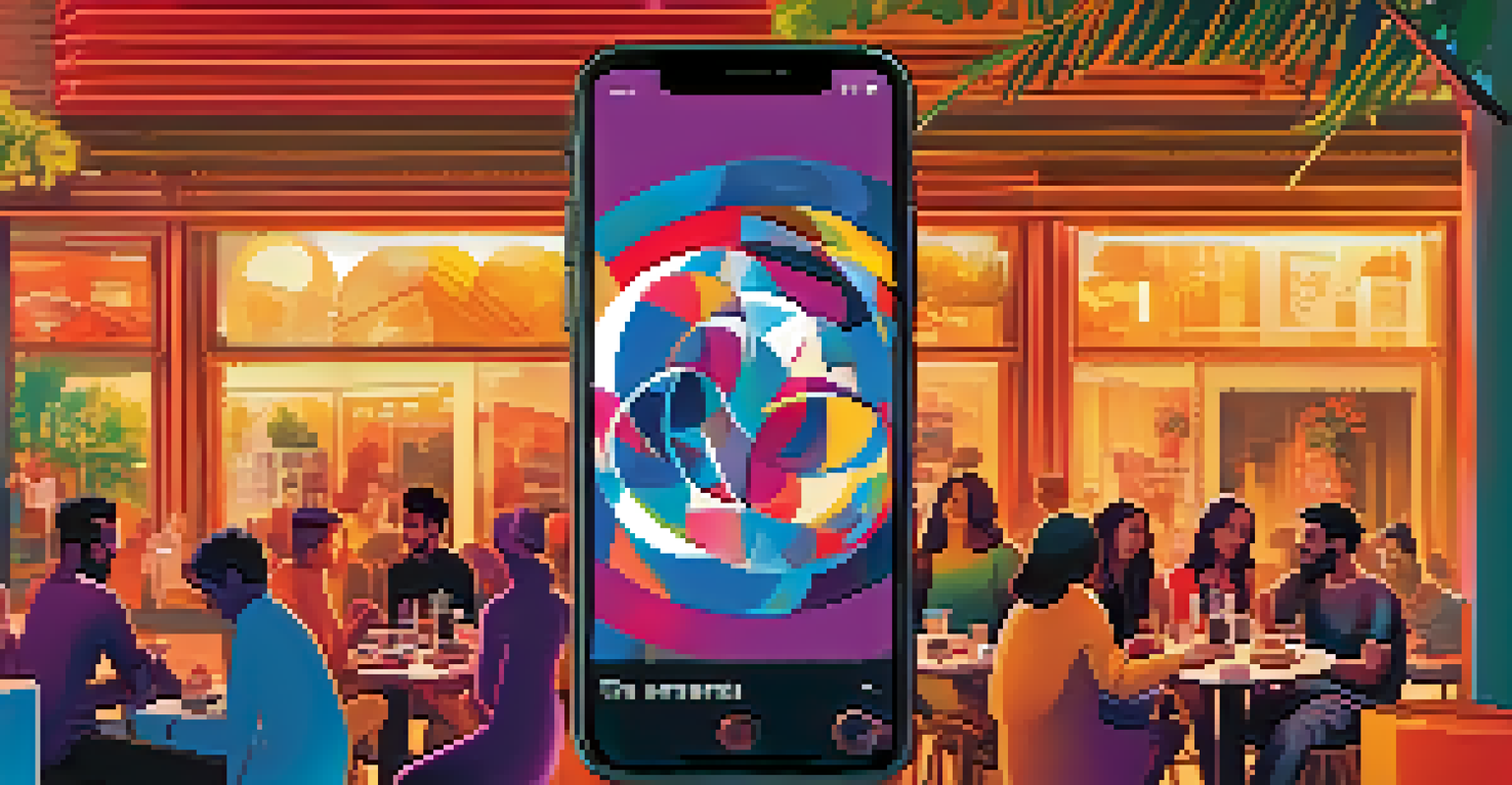 A smartphone displaying a vibrant digital album cover with abstract art in a blurred outdoor café setting.