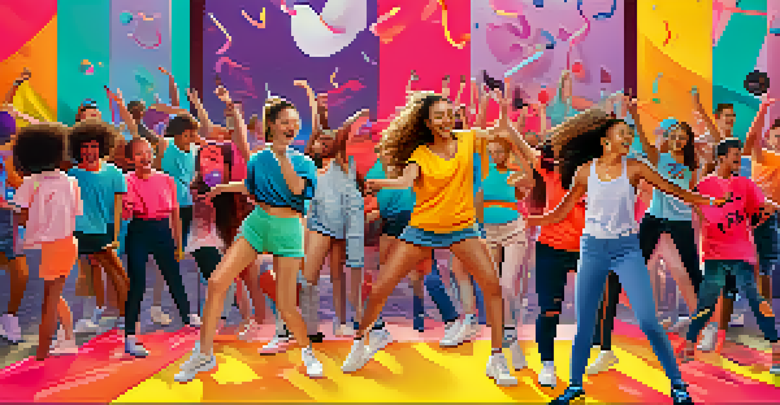 Young people participating in a viral dance challenge on TikTok, surrounded by colorful music notes and hashtags.