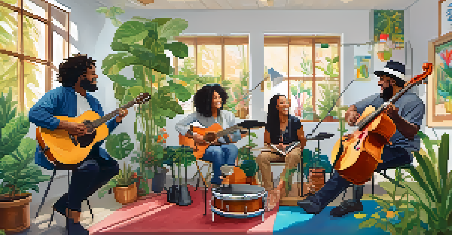 A music therapy session with diverse individuals playing instruments and smiling in a colorful, well-lit room.