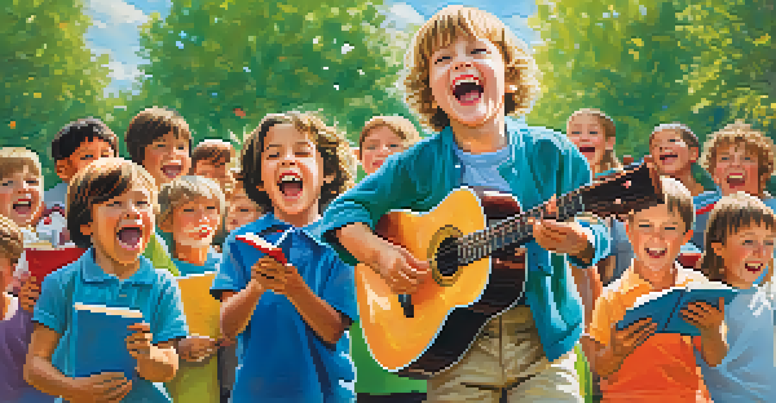 A happy child in a park singing from a book of mnemonics, surrounded by nature and other children playing.