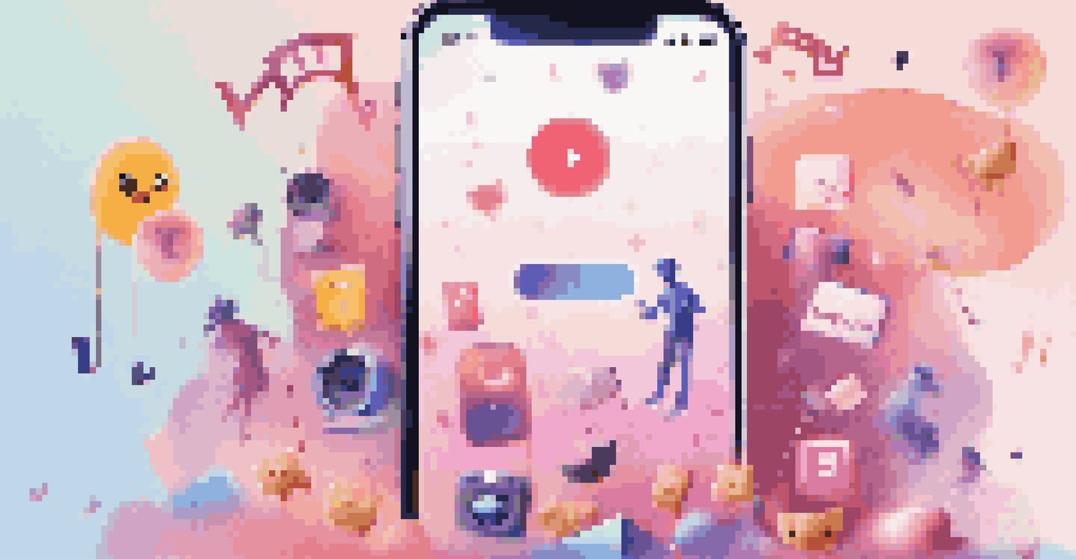 A smartphone showing a music video, surrounded by playful graphics and emojis on a colorful gradient background.