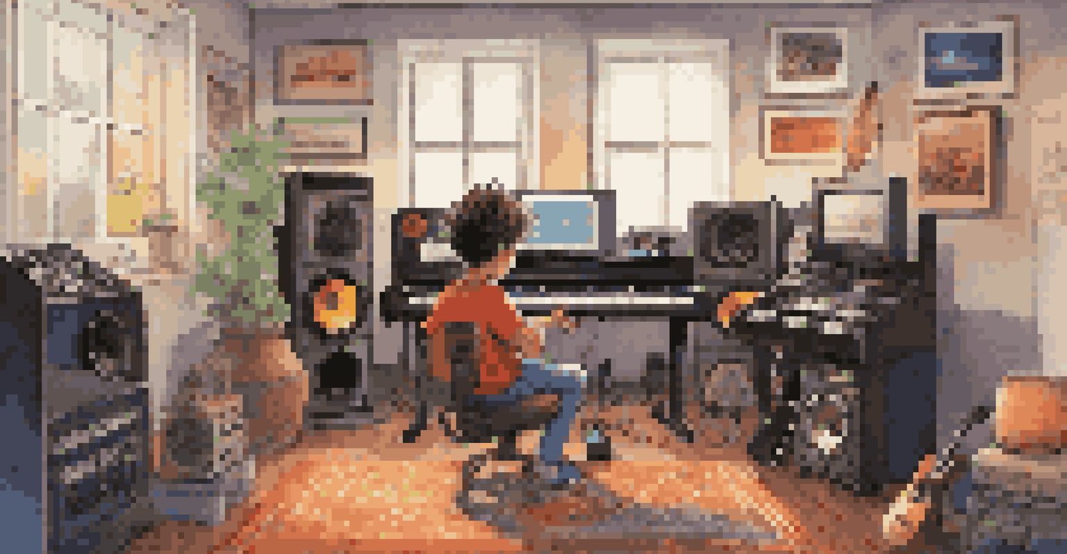 A young boy in a music studio working on music production software with instruments around him, set in a bright and inviting atmosphere.