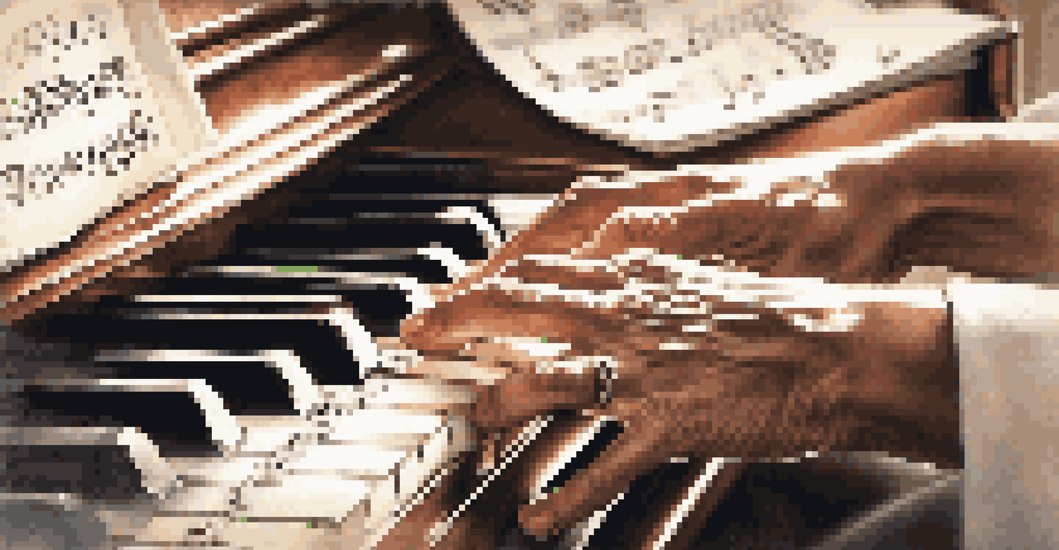 A close-up of hands playing a piano, with soft lighting and sheet music, evoking a sense of calm and creativity.