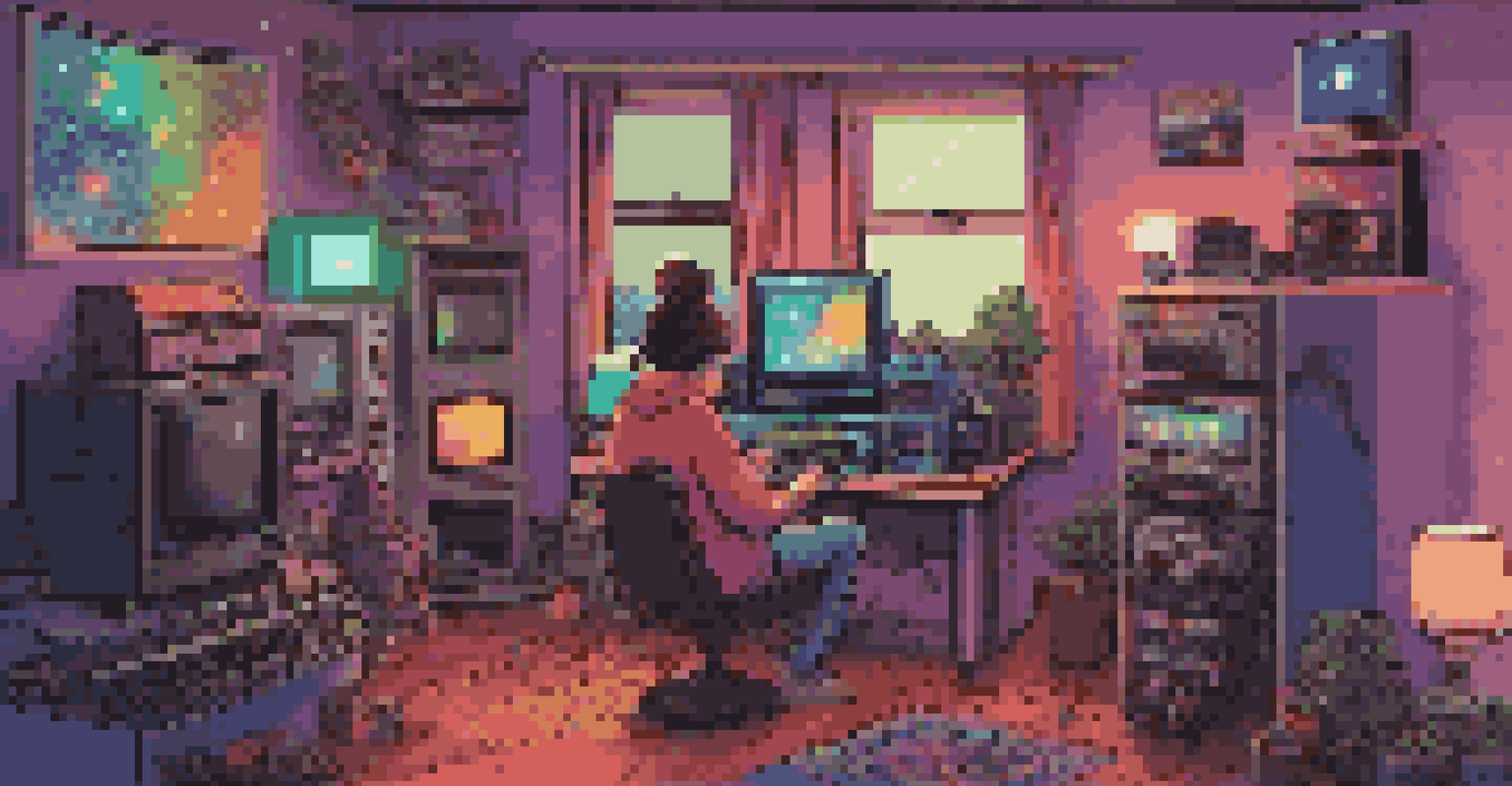 An artist creating chiptune music in a cozy, nostalgic room filled with retro video game memorabilia.