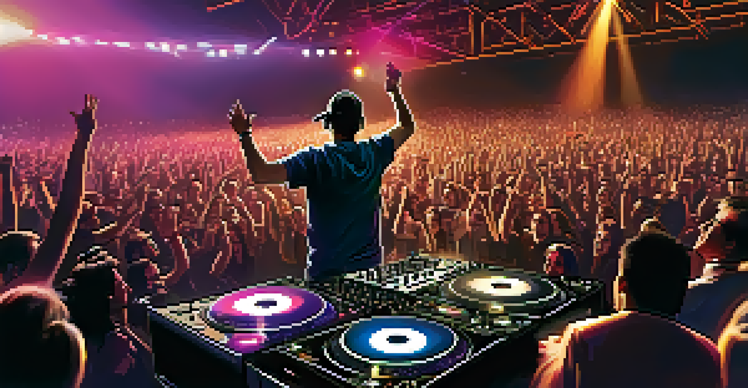 A DJ engaging with a lively crowd at a performance, with vibrant stage lighting and excited audience members.