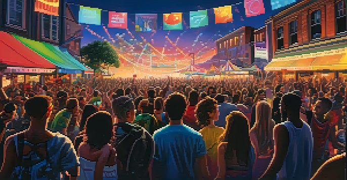 A lively music festival with diverse attendees dancing and enjoying a band on stage, surrounded by colorful lights and genre banners.