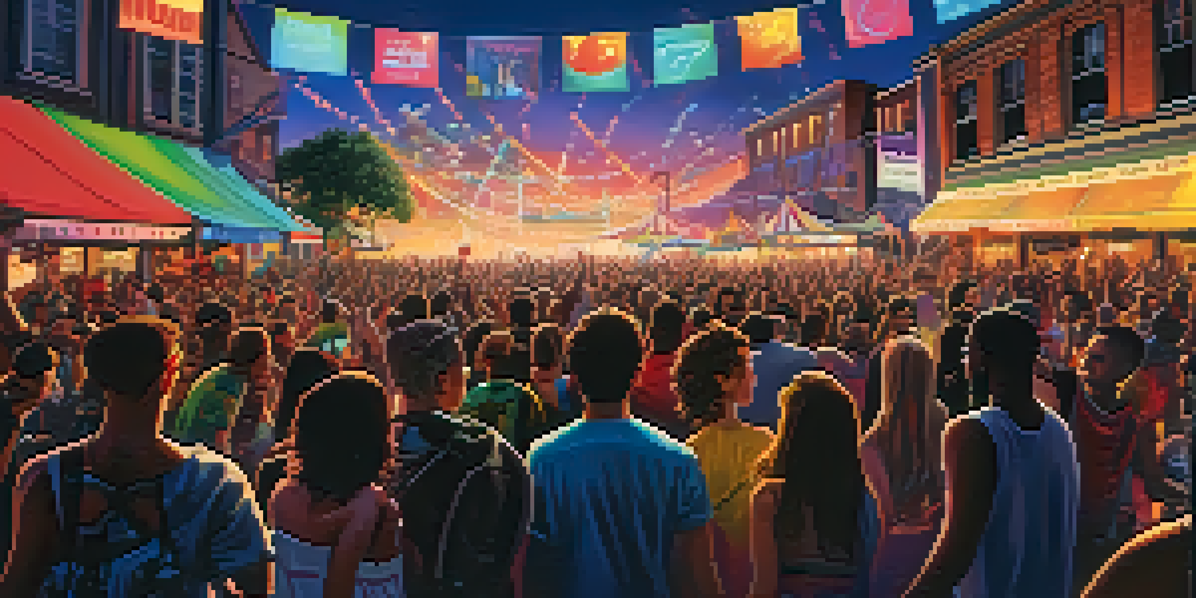 A lively music festival with diverse attendees dancing and enjoying a band on stage, surrounded by colorful lights and genre banners.