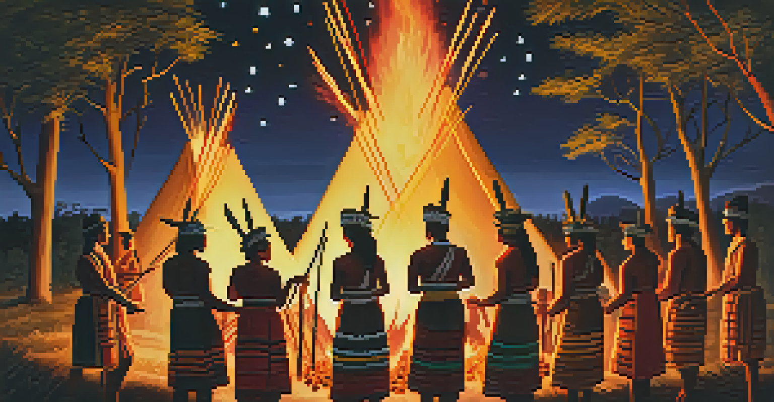 Indigenous performers chanting around a fire at dusk, wearing traditional attire, with a starry sky in the background.
