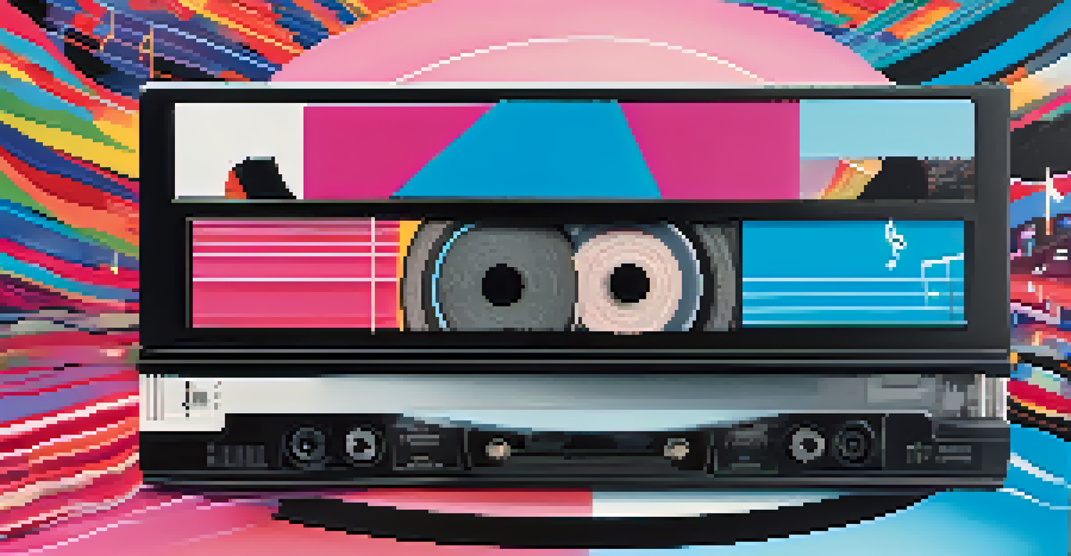 A digital landscape showing the evolution of music formats from vinyl to streaming.