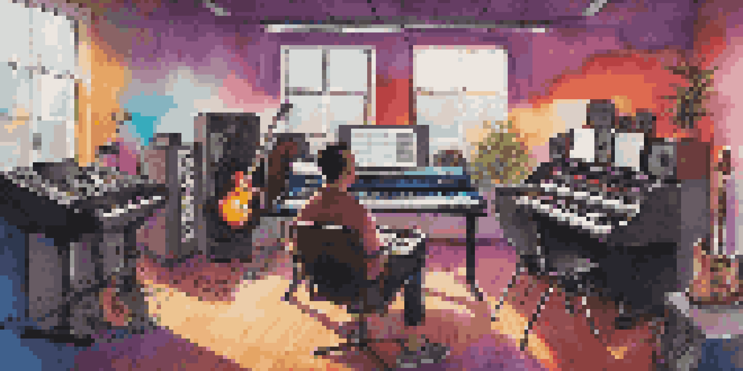 A colorful music studio with musicians collaborating remotely, surrounded by instruments and digital equipment.