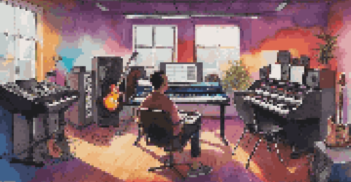 A colorful music studio with musicians collaborating remotely, surrounded by instruments and digital equipment.