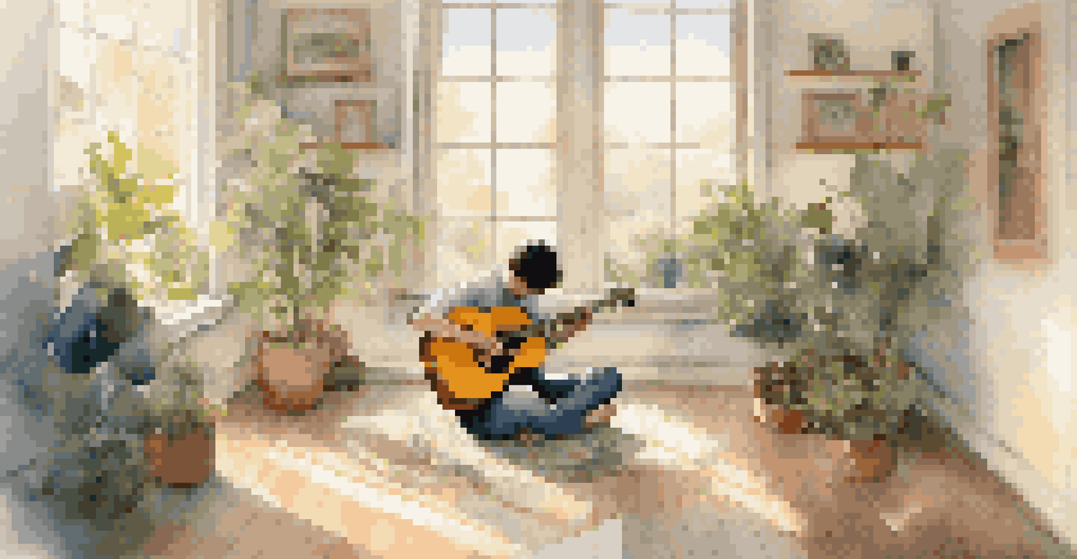 A person meditating while playing a guitar in a peaceful workshop setting, surrounded by sunlight and plants.