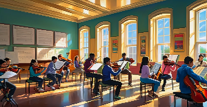A music classroom with students performing, surrounded by musical instruments and colorful posters.