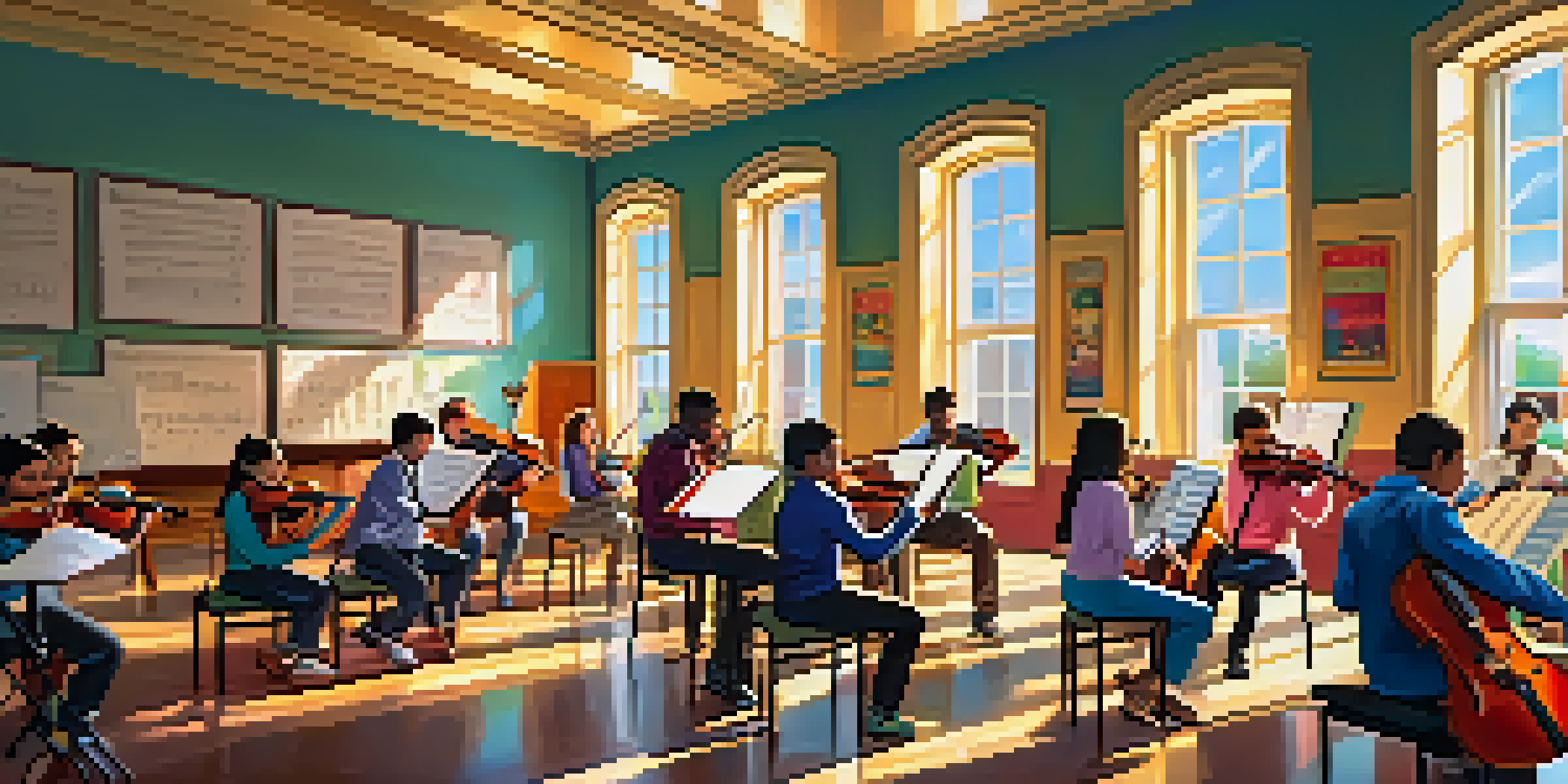 A music classroom with students performing, surrounded by musical instruments and colorful posters.