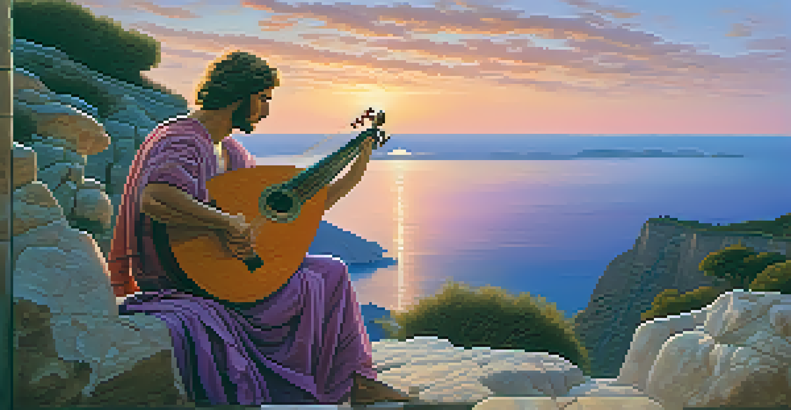 A musician playing a Greek lyre at sunset on a cliff, with a beautiful sea view and a colorful sky.