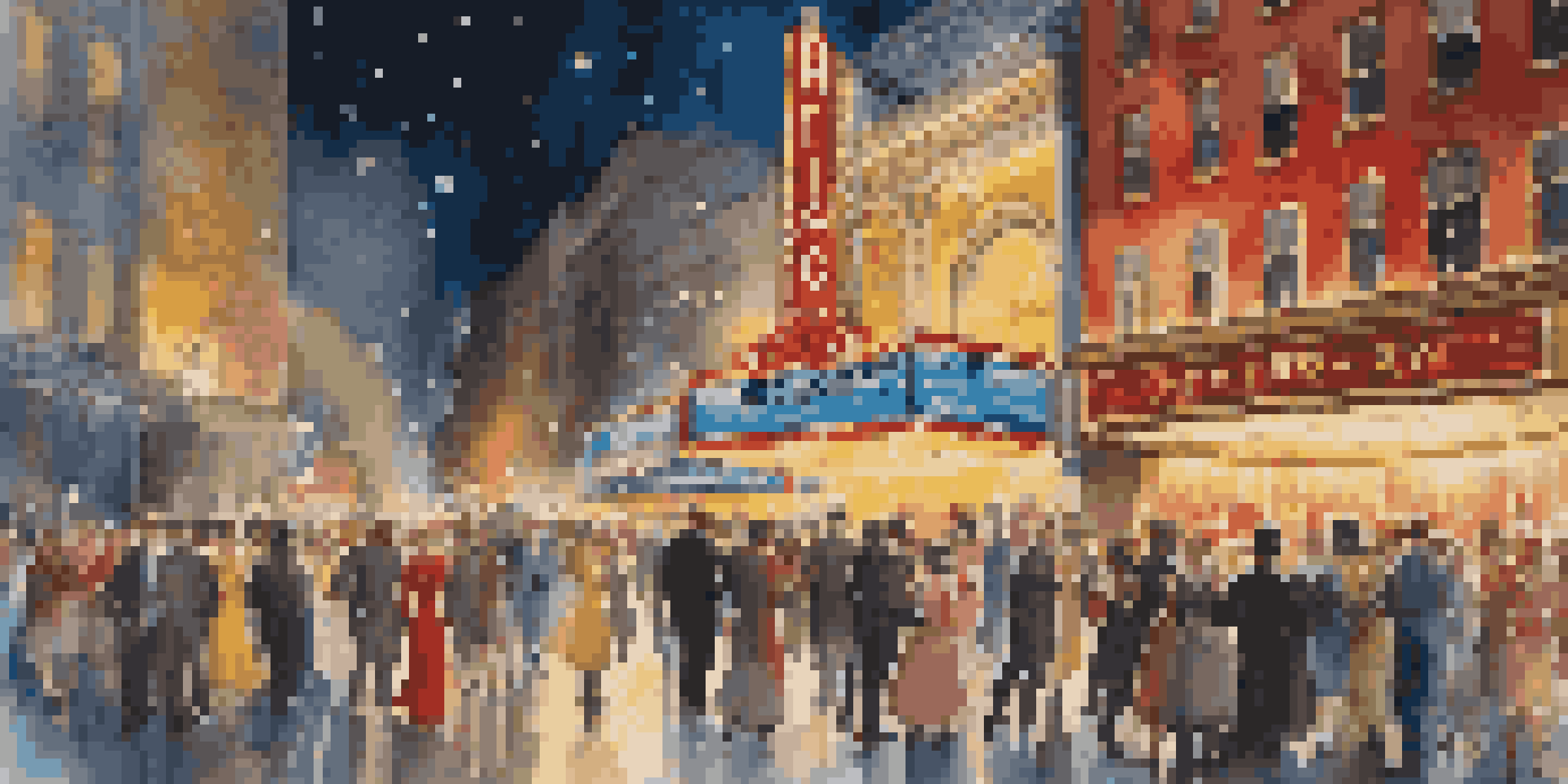 A colorful Broadway theater scene at night with excited theatergoers and illuminated marquee lights.