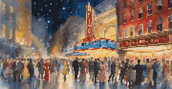 A colorful Broadway theater scene at night with excited theatergoers and illuminated marquee lights.