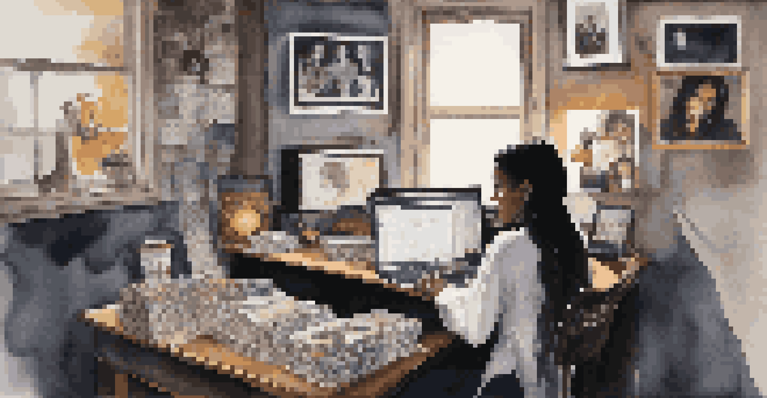 A female journalist at a desk with a laptop, vinyl records, and posters, deeply focused on her writing work.