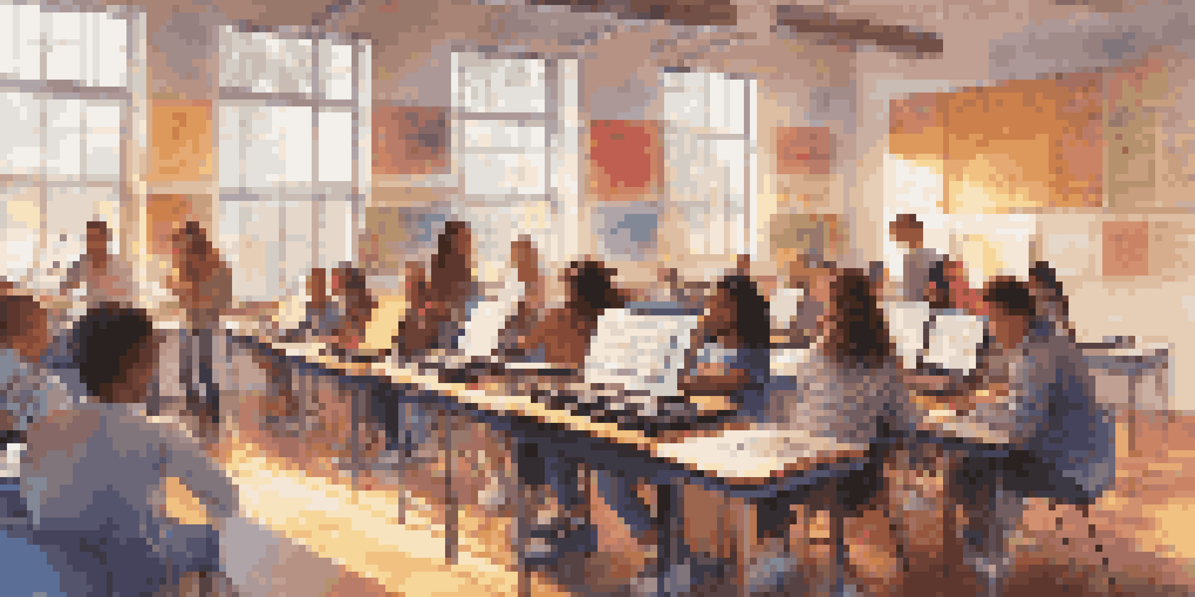 Students in a colorful classroom using laptops for music education, surrounded by posters and warm sunlight.