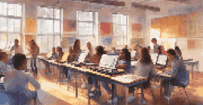 Students in a colorful classroom using laptops for music education, surrounded by posters and warm sunlight.