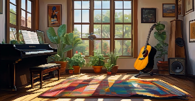 A cozy music studio with an acoustic guitar, sunlight streaming through the window, and framed album covers on the wall.
