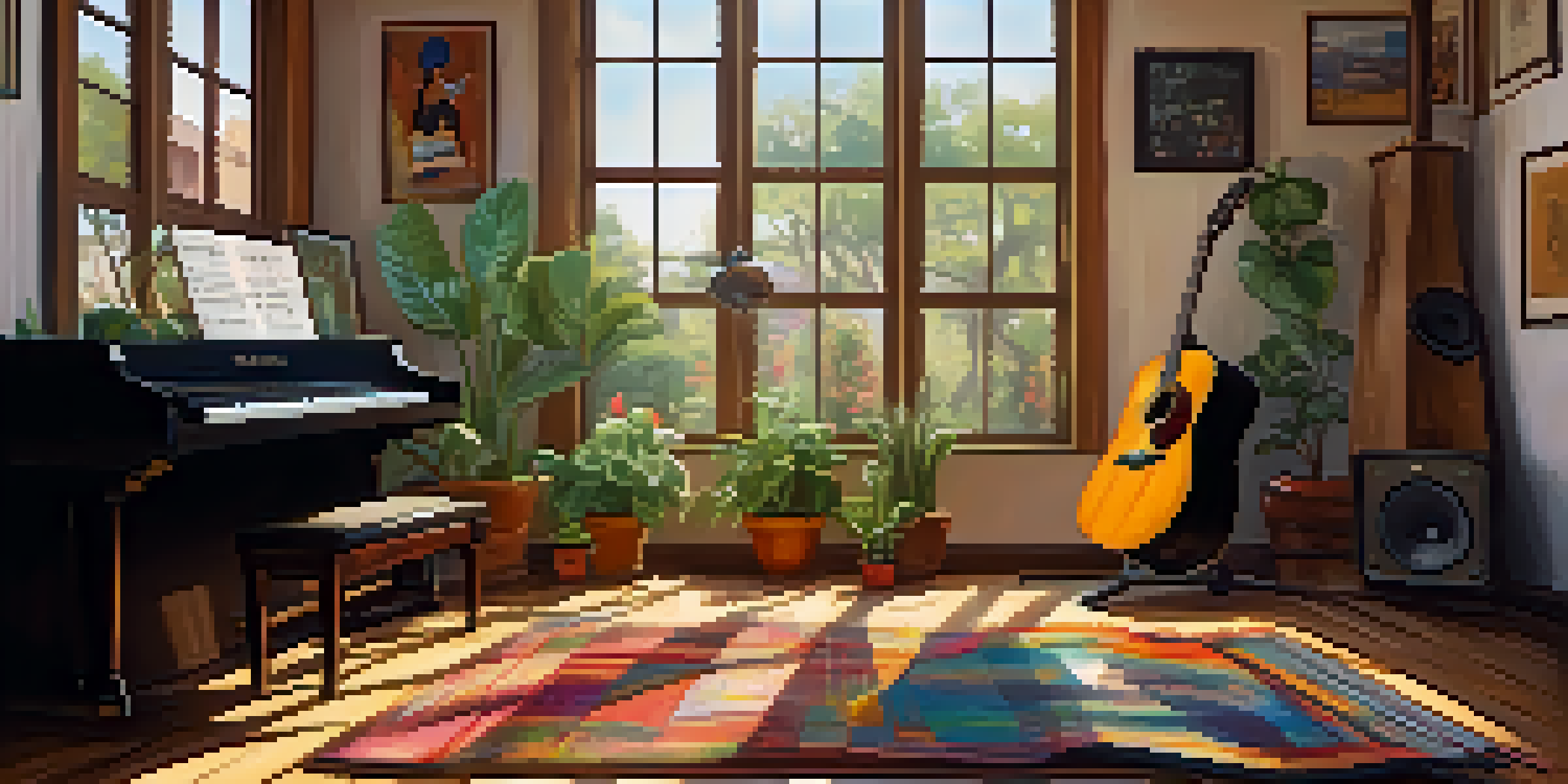 A cozy music studio with an acoustic guitar, sunlight streaming through the window, and framed album covers on the wall.