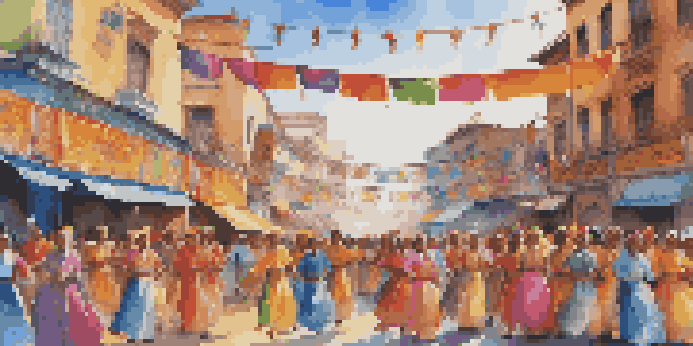 A lively street filled with dancers from different cultures wearing colorful traditional costumes, surrounded by excited spectators and festive decorations.