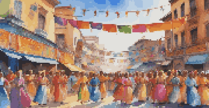 A lively street filled with dancers from different cultures wearing colorful traditional costumes, surrounded by excited spectators and festive decorations.