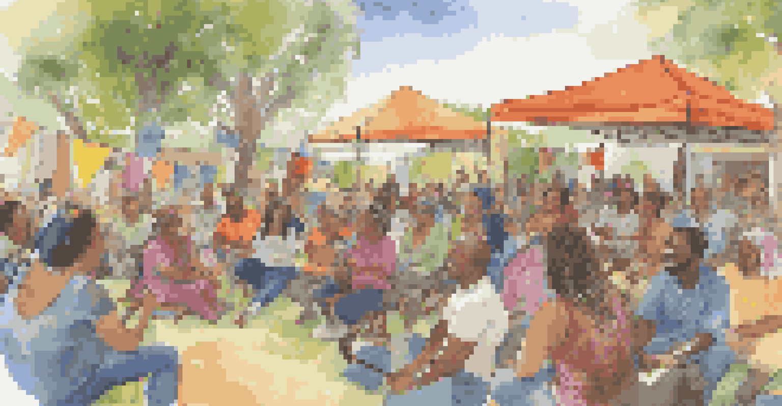 A lively community storytelling event with diverse participants sharing stories outdoors.