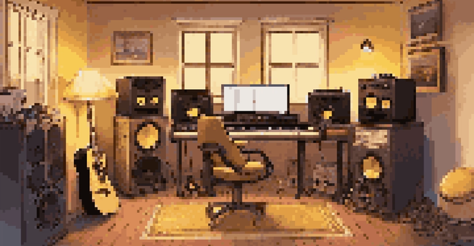 A warm and inviting home studio with musical instruments and a computer for music production.