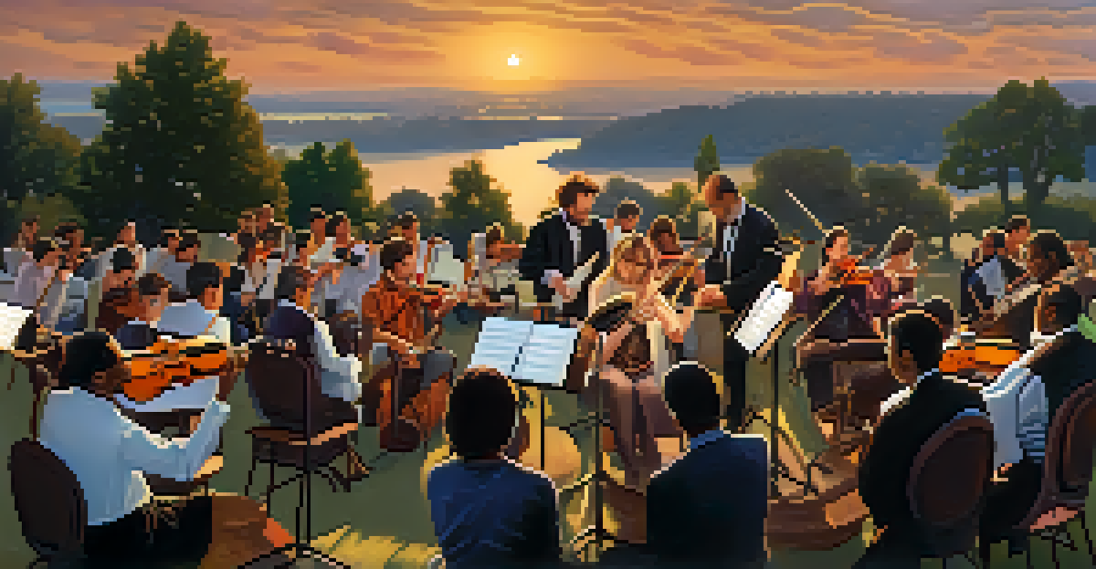 A lively outdoor concert with musicians playing various instruments, blending classical and modern music styles.
