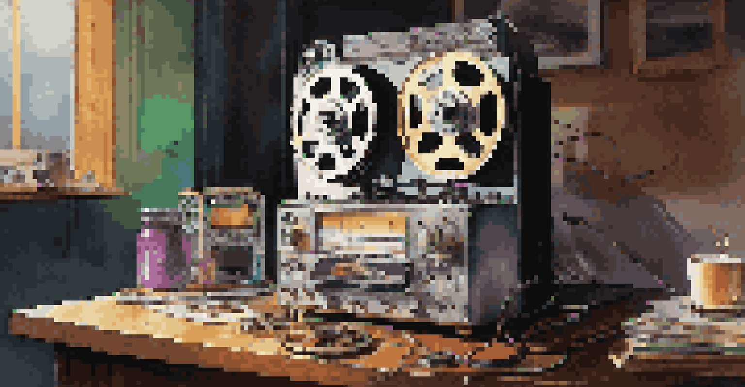 A reel-to-reel tape recorder with colorful magnetic tape reels on a wooden desk, illuminated by overhead light.