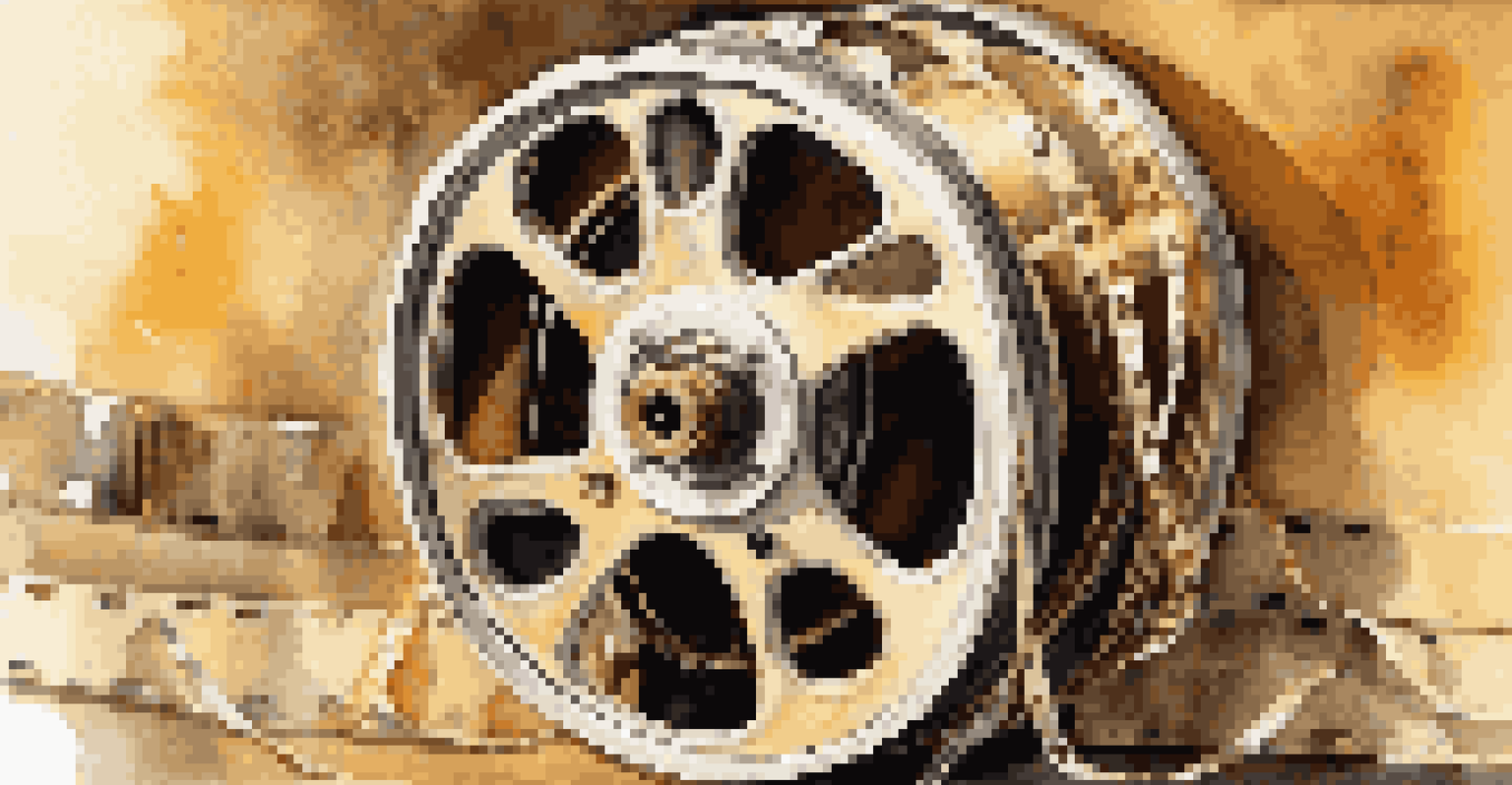 A close-up view of a vintage film reel with film strip, illuminated by warm lighting.