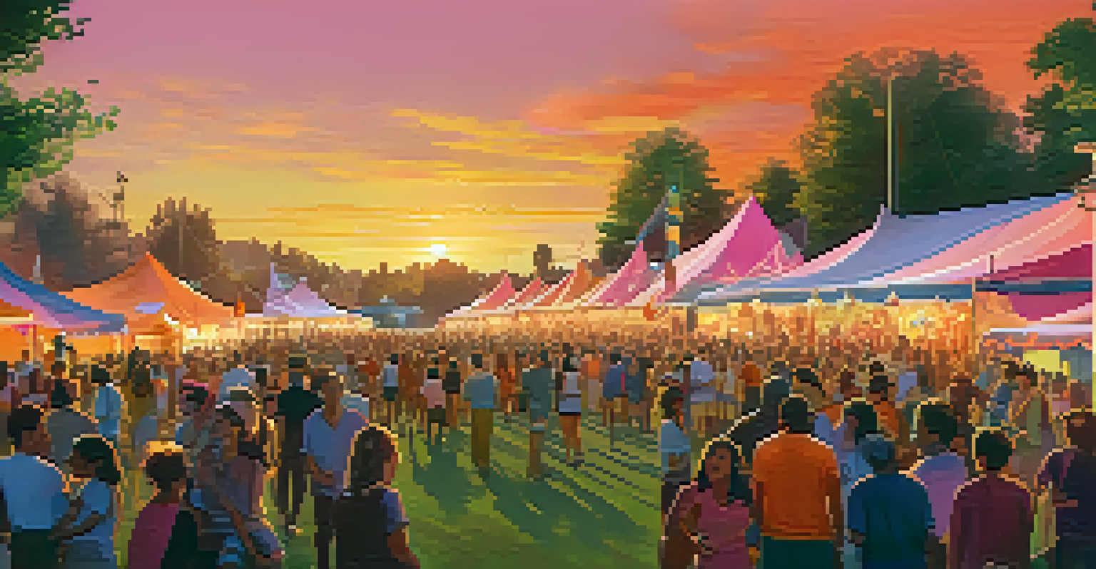 A vibrant outdoor music festival at sunset with a crowd and a stage illuminated by colorful lights.