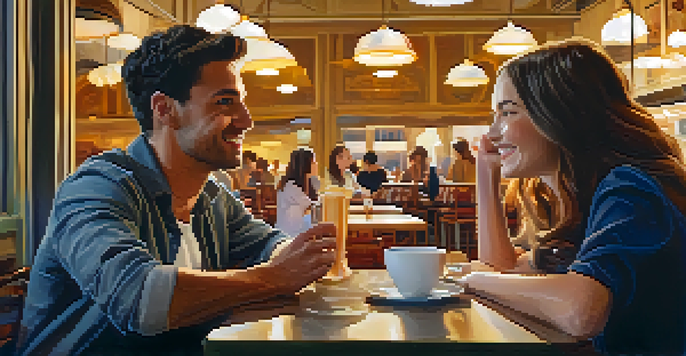Two friends in a café, one animatedly gesturing while the other listens, surrounded by warm lighting and coffee cups.