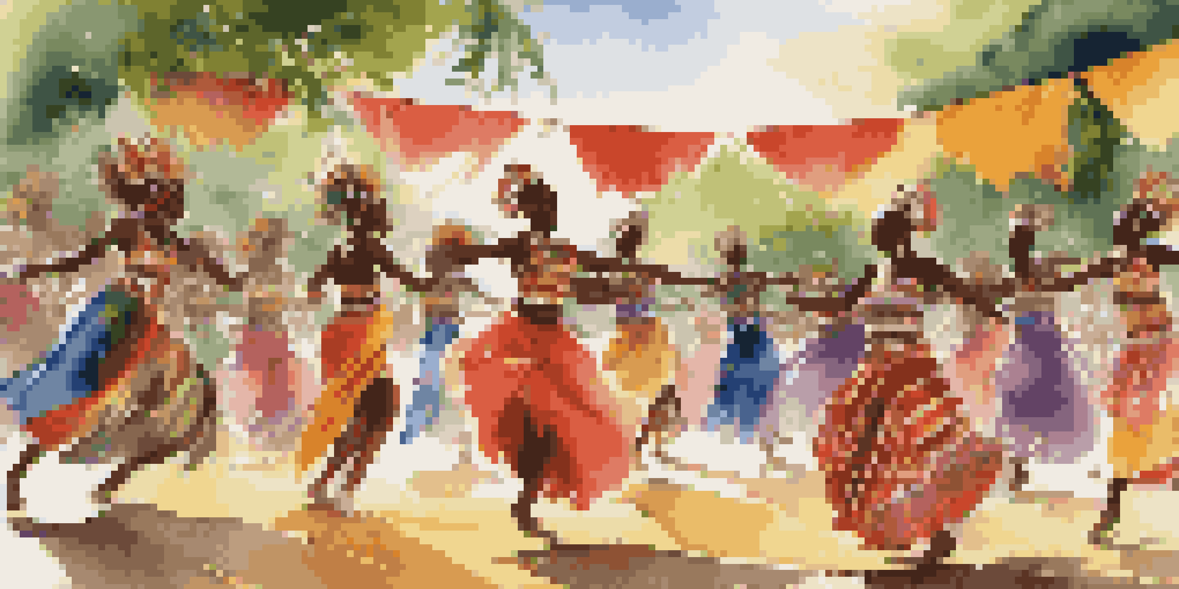 A lively outdoor dance performance with dancers in colorful traditional costumes against a green backdrop, capturing a blend of African tribal and contemporary dance styles.