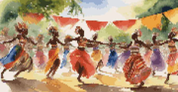 A lively outdoor dance performance with dancers in colorful traditional costumes against a green backdrop, capturing a blend of African tribal and contemporary dance styles.