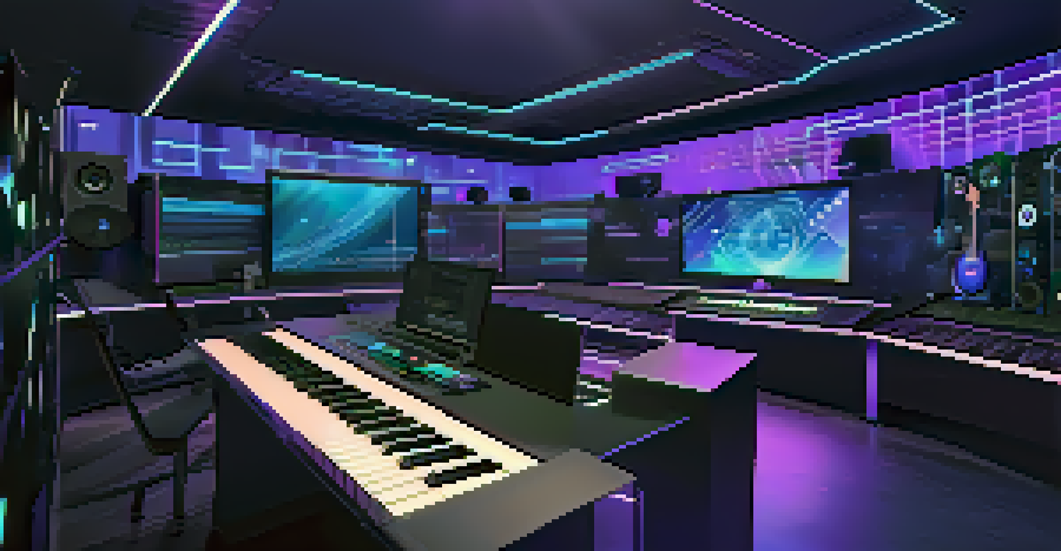 A student composing music in a futuristic VR production studio filled with holographic sound waves.