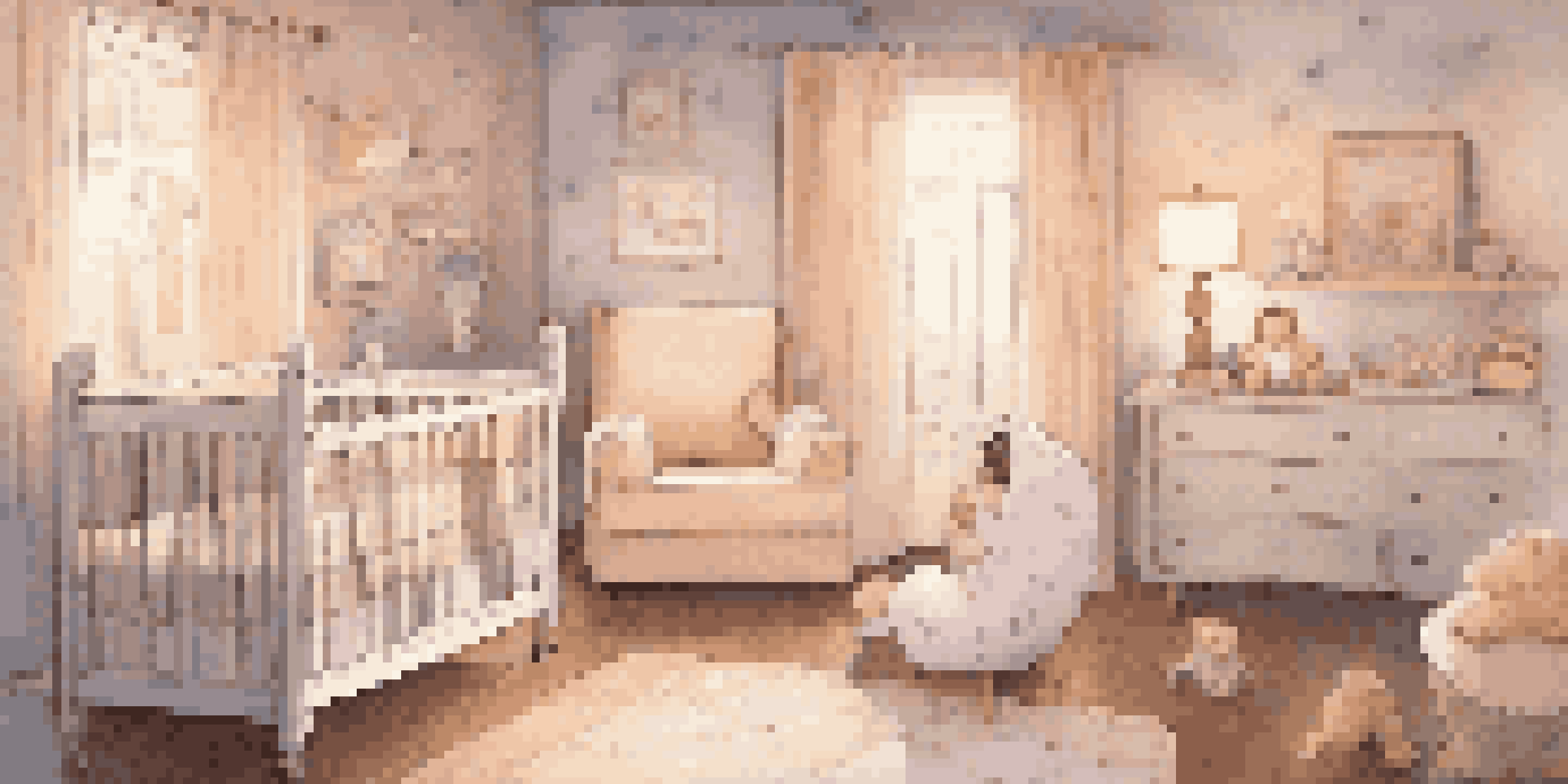 A parent singing a lullaby to an infant in a cozy, pastel-themed nursery with warm lighting and floating musical notes.